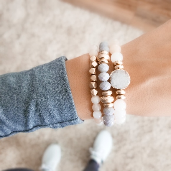 Boho Semi Precious Stone Bracelet Set Druzy Stretch Bracelets - Picture 2 of 4